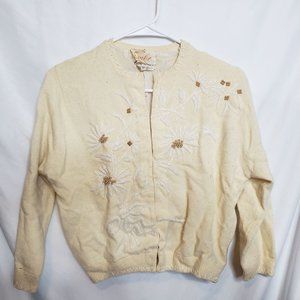 Vintage Cardigan Sweater Lambs Wool Embe Hand Beaded Hong Kong Cream Floral